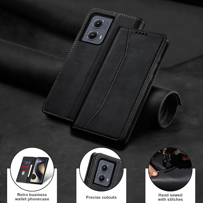 Jasonyu Flip Wallet Case for Motorola Edge (2024) 5G,Leather Magnetic Folio Cover with Card Holder,Kickstand - TPU Shockproof Durable Protective Phone Case,Black