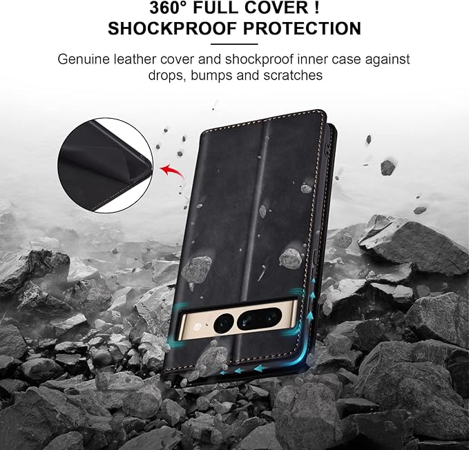 Jasonyu Flip Wallet Case for Google Pixel 7 Pro 5G,Leather Magnetic Folio Cover with Card Holder,Kickstand - TPU Shockproof Durable Protective Phone Case,Black