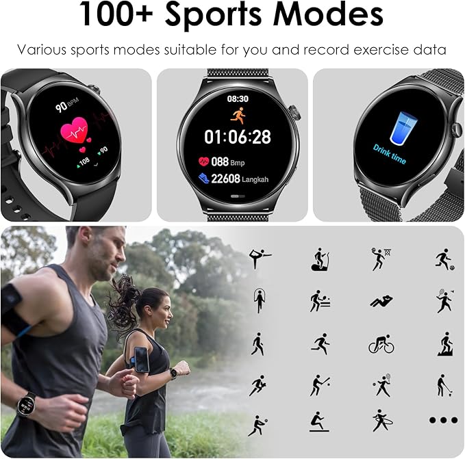 Smart Watch for Men Women, 1.43" HD AMOLED Bluetooth Call Smartwatch Compatible Android iPhone Phones with Fitness Tracker Counter/Heart Rate Sleep Monitor/120+ Sports Modes/IP68 Waterproof, Black