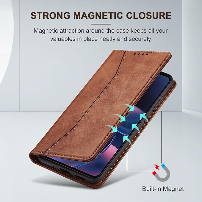 Jasonyu Flip Wallet Case for Motorola Edge (2022) Moto,Leather Magnetic Folio Cover with Card Holder,Kickstand - TPU Shockproof Durable Protective Phone Case,Brown