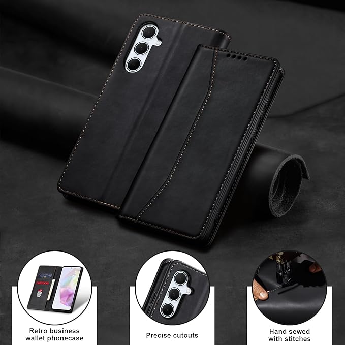 Jasonyu Flip Wallet Case for Samsung Galaxy A35,Leather Magnetic Folio Cover with Card Holder,Kickstand - TPU Shockproof Durable Protective Phone Case,Black