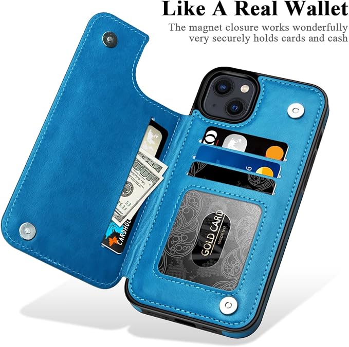 MMHUO for iPhone 14 Plus Case with Card Holder,Flower Magnetic Buttons Protective Wallet Case for Women for iPhone 14 Plus,Blue