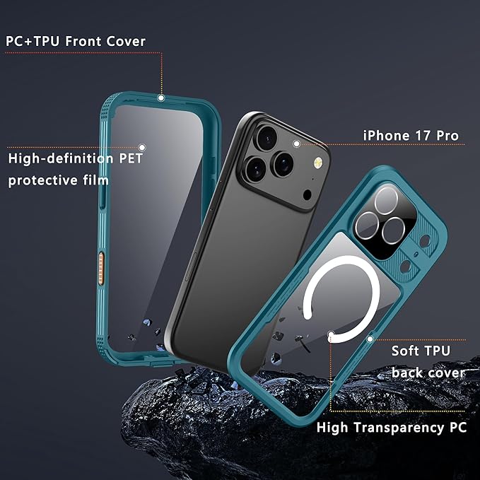 GOLDJU Magnetic for iPhone 17 Pro Case-Waterproof, Built-in Screen & Camera Protector-IP68 Underwater Full Body 16FT Military Dropproof Shockproof Case for 17 Pro 6.3''- Blue