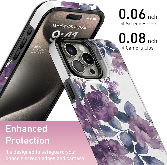 FUNMIKO for iPhone 15 Pro Max Wallet Case with Card Holder, RFID-Blocking, Military-Grade Protection & UV-Printed Artwork, Magnetic Closure with Leather Kickstand - Elegant Purple Floral