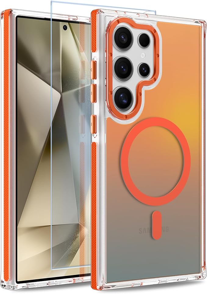 MOWIME Magnetic Case for Samsung Galaxy S24 Ultra [Compatible with Magsafe] [Cute Fashion Fluorescent Design] [1 Screen Protector] Slim Translucent Matte Case for Galaxy S24 Ultra 6.8", Orange