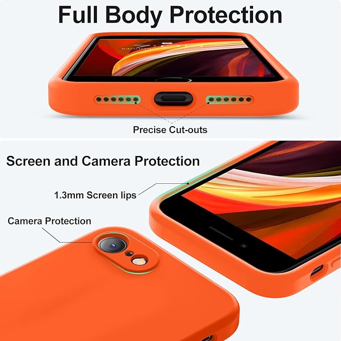 Vooii for iPhone SE Case 2022/3rd/2020,iPhone 8/7 Case, Upgraded Liquid Silicone with [Flat Edges] [Camera Protection] [Soft Anti-Scratch Microfiber Lining] Phone Case for iPhone SE - Neon Orange