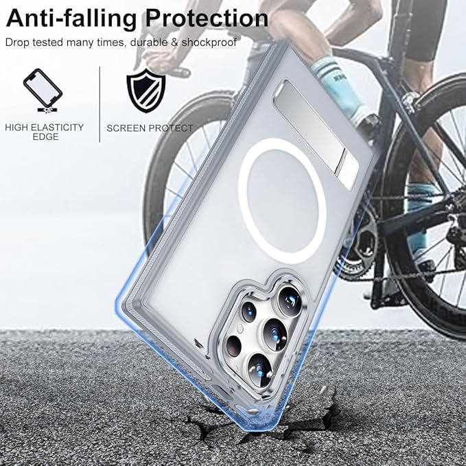 Magnetic Case for Samsung Galaxy S24 Ultra with Stand, Compatible with MagSafe, Anti-Slip Cover with Military-Grade Protection, Slim Phone Case for Galaxy S24 Ultra (Grey/White)