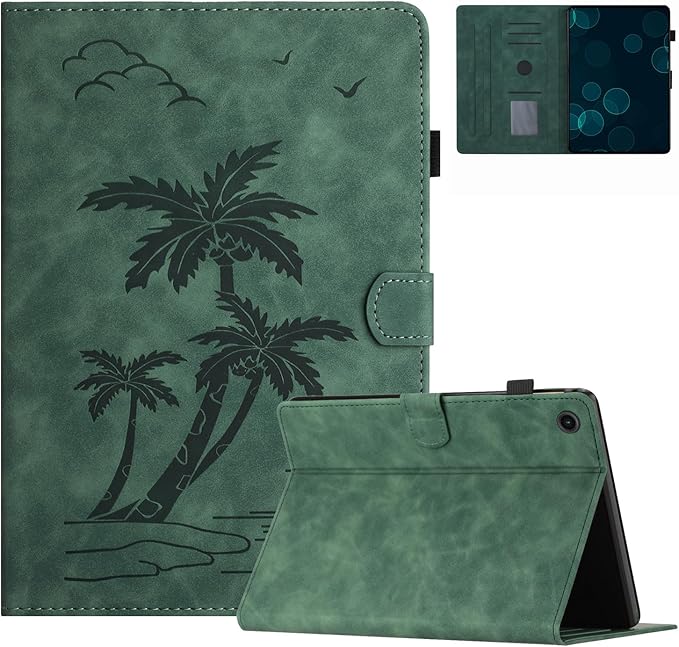 Case for Samsung Galaxy Tab A9 Plus 11 Inch 2023 2024 SM-X210/X216/X218, PU Suede Leather Stand, Coconut Tree Embossed Cover with Card Holder & Auto Sleep/Wake, Green