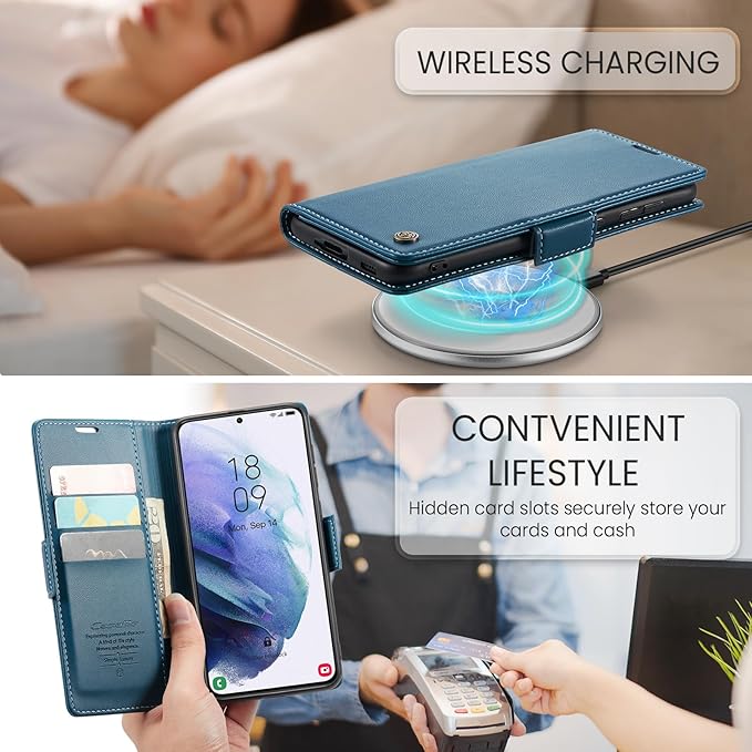 Case for Samsung Galaxy S21 Wallet Case, RFID Blocking PU Leather Flip Folio Cover Card Holder Kickstand Shockproof Phone Case Compatible with Samsung Galaxy S21, Blue