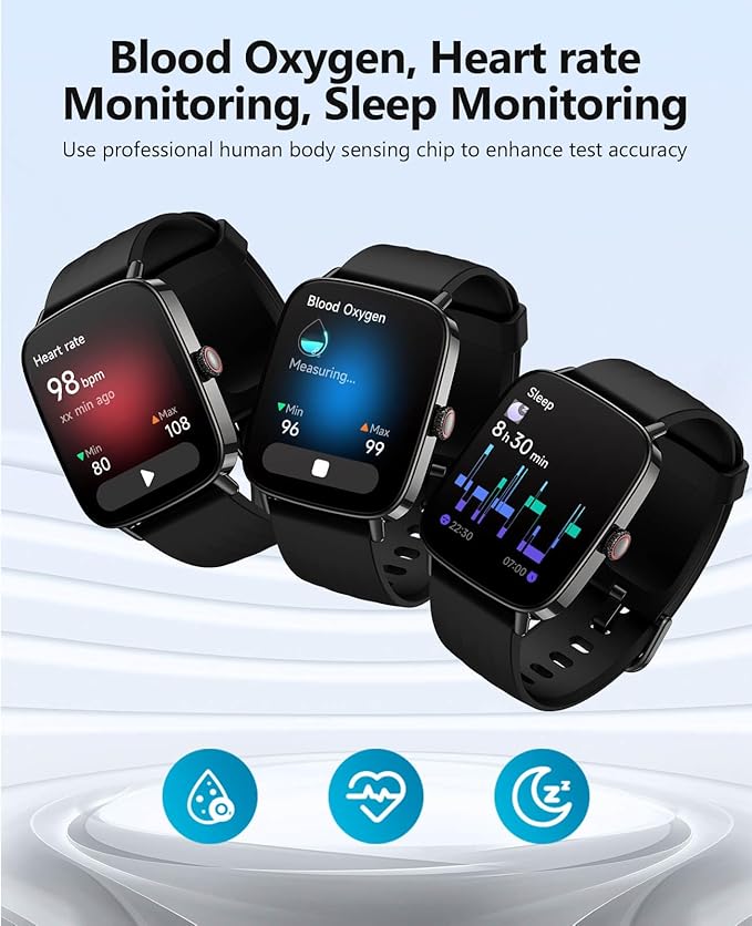 AI Voice-Controlled Smart Watches with 1.85" Screen - IP68 Waterproof, 24/7 Heart Rate Monitoring, Stress/Sleep/SpO2 Tracker, 100+ Sports Modes, Weather, Compatible with Android & iOS, Black