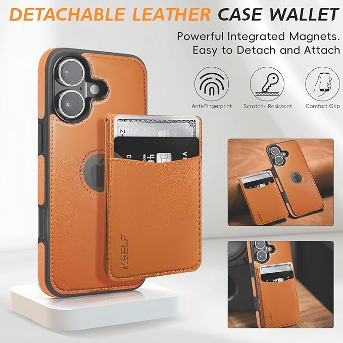for iPhone 16 Leather Wallet Case, Compatible with Magsafe, 2 in 1 Detachable Magnetic Card Holder, RFID Blocking Kickstand Credit Slots Flip Case for Men Women, Brown