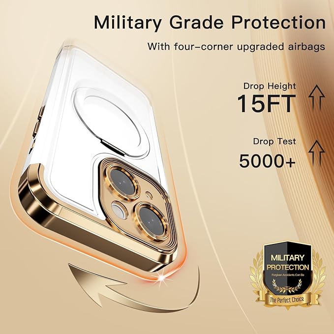 COOLQO for iPhone 15 Plus Case 6.7'' Upgraded 360° Spin Magnetic Stand [Compatible with Magsafe][Military Protection] Shockproof Protective Phone Holder Cover for iPhone 15 Plus, White Gold