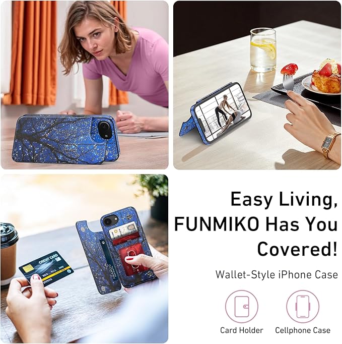 FUNMIKO for iPhone 16e Wallet Case with Card Holder, RFID-Blocking, Military-Grade Protection & UV-Printed Artwork, Magnetic Closure with Leather Kickstand - Dreamy Wishing Tree
