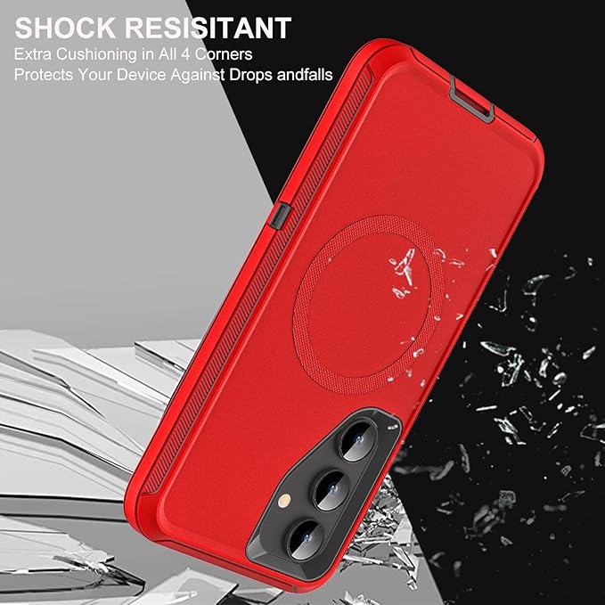 for Samsung Galaxy S25 Case, ONLY, [NOT FIT Galaxy S25 Edge/S25 Plus/S25 Ultra], Compatible with Magsafe, with 2Pcs Tempered Glass Screen Protector & Camera Lens Protector (New-Red/Black)