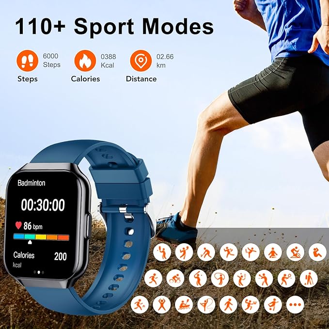 Smart Watch, 1.96" TFT-LCD Smartwatch for Men Women IP68 Waterproof, 110+Sport Modes, Fitness Activity Tracker, Heart Rate Monitor Sleep Step Counter for Android iPhone, Midnight Blue