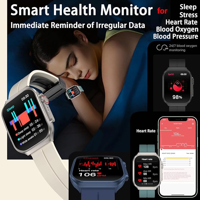 Smart Watch for Men Women with Bluetooth Call, Android ＆ iOS Compatible 1.96" AMOLED Touchscreen AI Voice Fitness Tracker Heart Rate/Sleep/SpO2/Stress Monitor Pedometer, 120+ Sport Modes