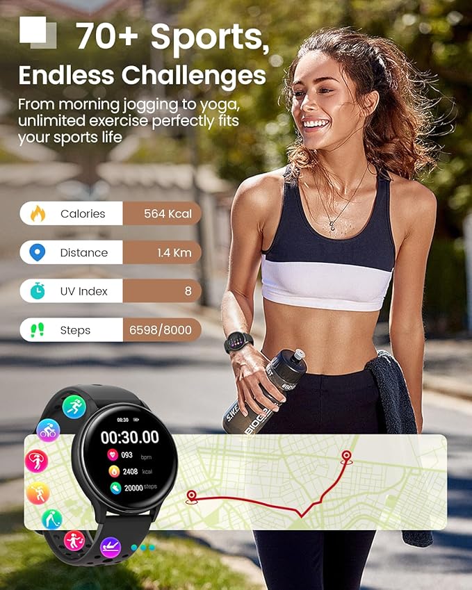 Samrt Watches for Women Men, 42mm Smart Watch with 400+ Watch Face, 70+ Sport Modes, 24/7 Heart Rate, Sleep Monitor, Answer/Make Calls, Waterproof Activity Fitness Tracker for Android & iPhone (Black)