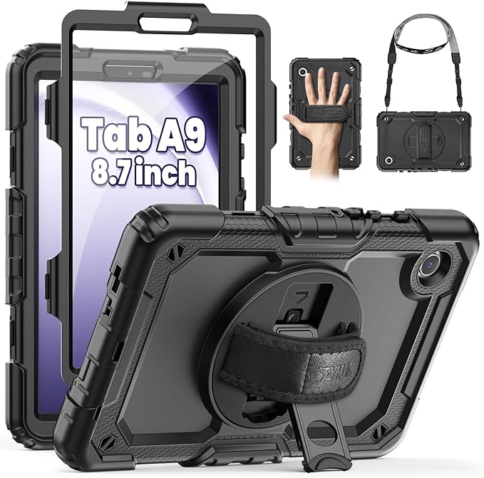 SEYMAC for Samsung Galaxy Tab A9 Case 8.7 Inch 2023 (SM-X110/X115/X117), Heavy Duty Shockproof Protective Case with Screen Protector, Rotating Stand, Hand/Shoulder Strap and Pen Holder, Black