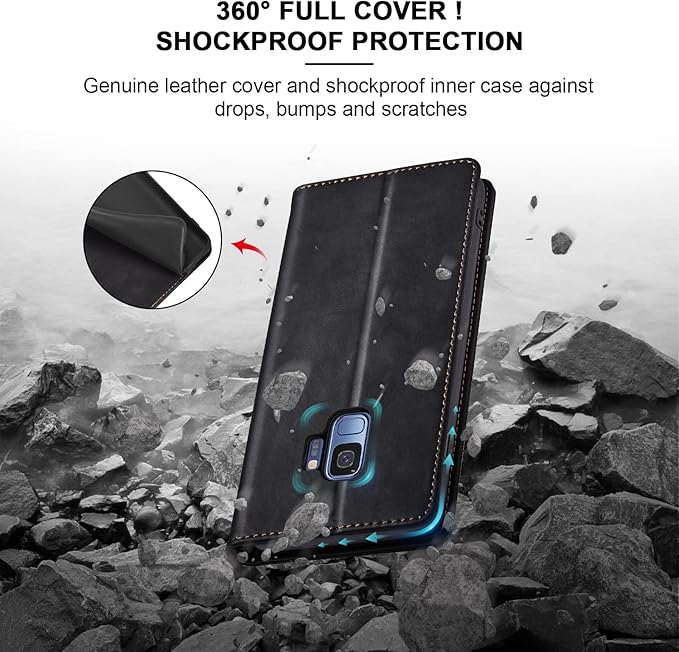 Jasonyu Flip Wallet Case for Samsung Galaxy S9,Leather Magnetic Folio Cover with Card Holder,Kickstand - TPU Shockproof Durable Protective Phone Case,Black