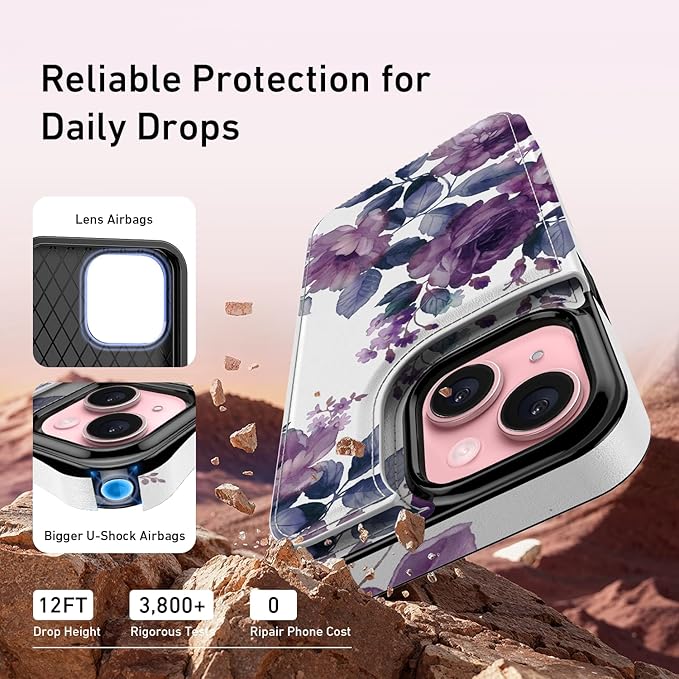 FUNMIKO for iPhone 15 Plus Wallet Case with Card Holder, RFID-Blocking, Military-Grade Protection & UV-Printed Artwork, Magnetic Closure with Leather Kickstand - Elegant Purple Floral