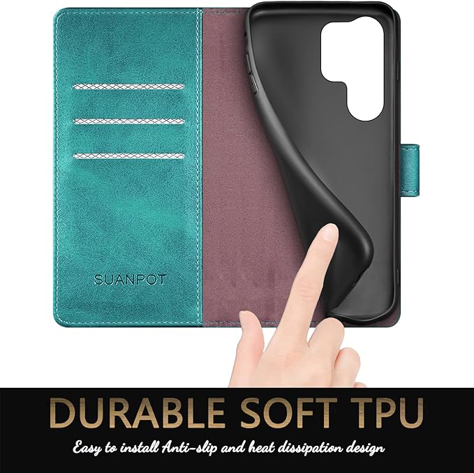 SUANPOT Compatible with Samsung Galaxy S25 Ultra Wallet case with RFID Blocking Credit Card Holder,Flip Book PU Leather Protective Cover Women Men for Samsung S25 Ultra Phone case Blue Green