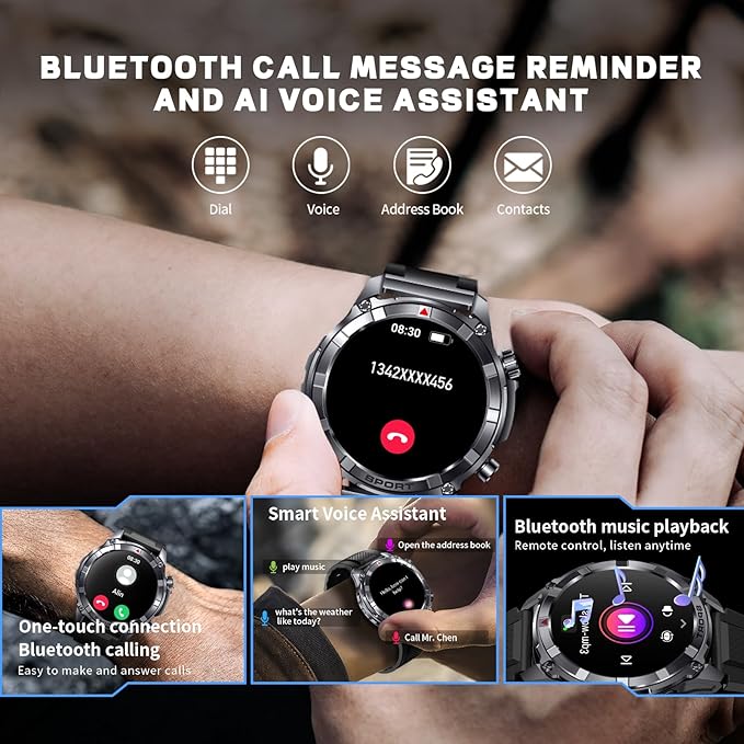 Smart Watches for Men with Bluetooth&Flashlight,1.52" IP68 Waterpro Men's Smart Watch,500mAh 100+ Sport Modes with Heart Rate/Sleep Monitor Fitness Trackers Compatible Android iOS(2 Straps)