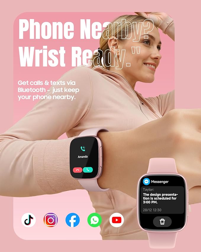 Smart Watch for Women Android & iPhone, 1.85" Ultra HD AMOLED Display,10 Day Battery, 3ATM Swimming Waterproof, Answer/Make Calls, Fitness/Heart Rate/Sleep Tracker/100 Sports, Pink