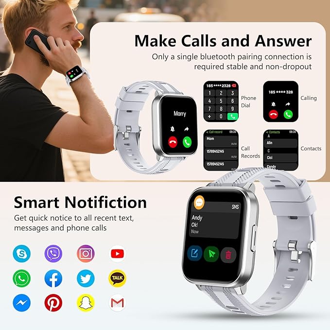 Smart Watch with Ai Functions GPS Tracking for Android Phones and iPhone Compatible Bluetooth Call Message Alert Heart Rate/Sleep Monitor IP68 Waterproof for Men Women