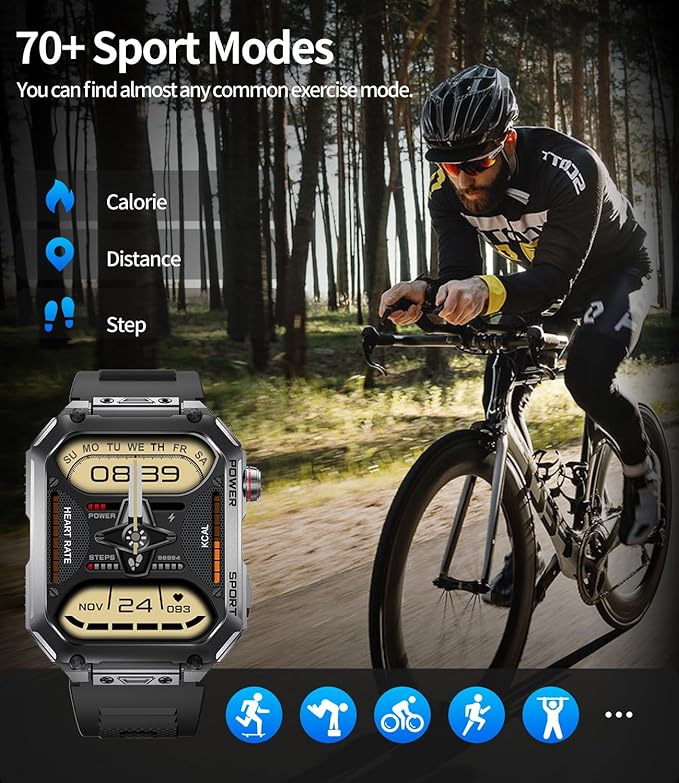 LIGE Military Smart Watches for Men, 1.96'' HD Screen with Answer Make Call Smart Watch for iOS Android, Fitness Tracker with Heart Rate/Blood Pressure/Sleep Monitor, 5ATM Waterproof(2 Silione Straps)