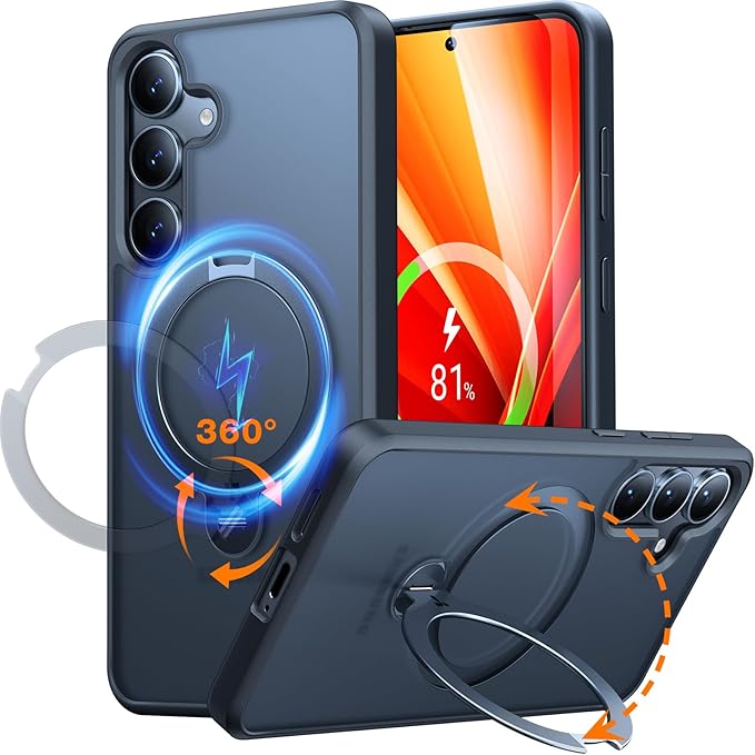 TORRAS 360Spin for Samsung Galaxy S25+ Plus Case with Stand, Fit for MagSafe 3X Military Grade Protective, Rotatable Kickstand for Samsung S25 Plus Case, Magnetic Ring Slim, Matte Black 6.7
