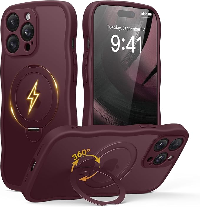 GolbinBox for iPhone 14 Pro Case for Women,[Compatible with Magsafe][360° Spin Magnetic Stand][Cute Wave Edge][Military-Grade Protection] Translucent Matte Phone Case for iPhone 14 Pro, Wine Red