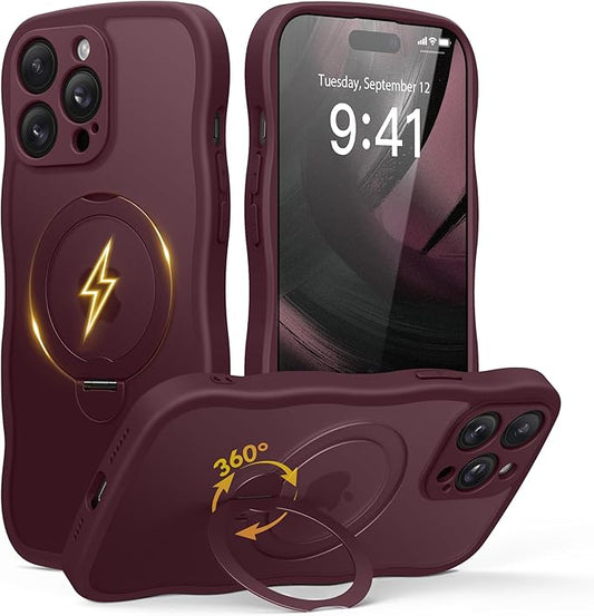 GolbinBox for iPhone 14 Pro Case for Women,[Compatible with Magsafe][360° Spin Magnetic Stand][Cute Wave Edge][Military-Grade Protection] Translucent Matte Phone Case for iPhone 14 Pro, Wine Red
