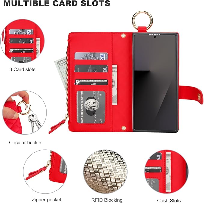 KIHUWEY for Galaxy Z Fold 7 Wallet Case with Card Holder Premium Leather Magnetic RFID Blocking Shockproof Zipper Wrist Strap Lanyard Cover for Samsung Galaxy Z Fold 7 8.0 Inch (Red)