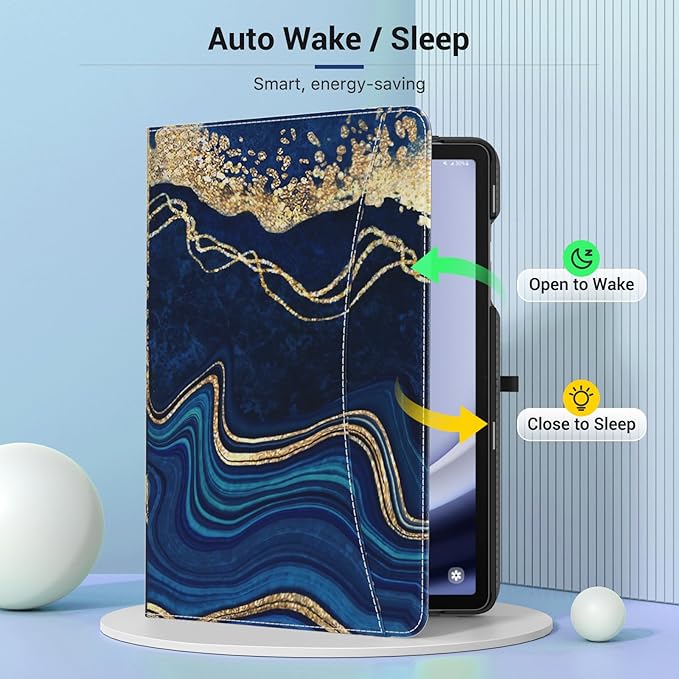 MoKo Case for Samsung Galaxy Tab A9 Plus 11" 2023 (SM-X210/SM-X216/SM-X218), PU Leather Multi-Angle Viewing Folding Stand Cover Case with Hand Strap, Front Pocket, Auto Wake/Sleep, Marble Blue