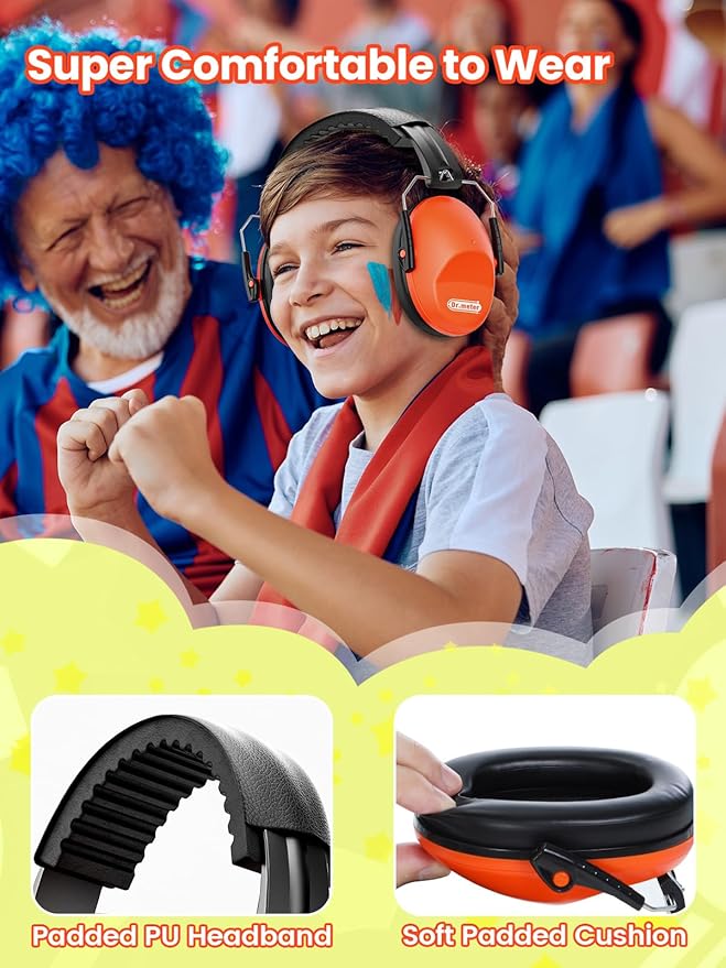 Dr.meter Ear Muffs for Noise Reduction: 27.4SNR Noise Cancelling Headphones for Kids Adults, EM100 Adjustable Hearing Protection Earmuffs for Monster Jam, Autism Sensory, Concerts, Fireworks Orange