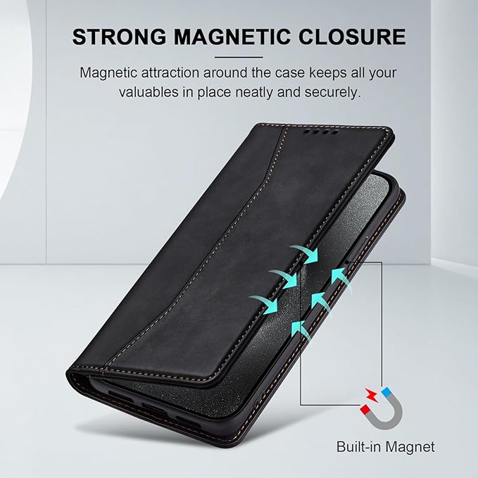 Jasonyu Flip Wallet Case for iPhone 15 Pro Max,Leather Magnetic Folio Cover with Card Holder,Kickstand - TPU Shockproof Durable Protective Phone Case,Black