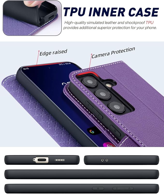 OCASE Compatible with Galaxy S24 5G Wallet Case, PU Leather Flip Folio Case with Card Holders RFID Blocking Kickstand [Shockproof TPU Inner Shell] Phone Cover (2024), Litchi Purple