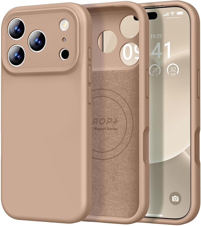 Vooii Magnetic Compatible with iPhone 17 Pro Case (Compatible with Magsafe) (Upgraded Camera Protection) Liquid Silicone Shockproof Full Body Protective Phone Cover for Women Men, Light Brown, 6.3”