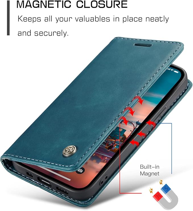 for iPhone 14 Case, Flip Wallet Leather Case with Card Holder Magnetic Closure Shockproof Kickstand Protective Phone Cases Cover for iPhone 14, Blue-Green