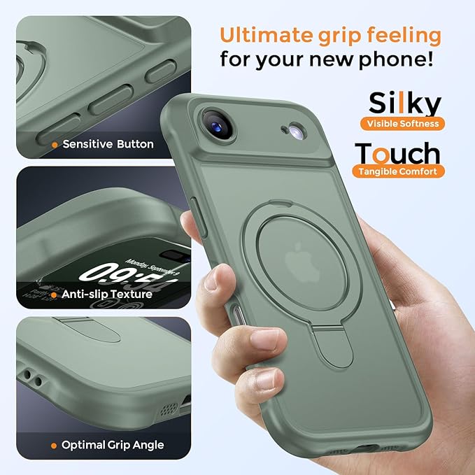 MOCCA Compatible with iPhone Air Case with Magnetic Invisible Stand [Full Camera Protection] [Compatible with Magsafe] Military Drop Shockproof Translucent Matte Phone Case Cover 6.5",Calke Green