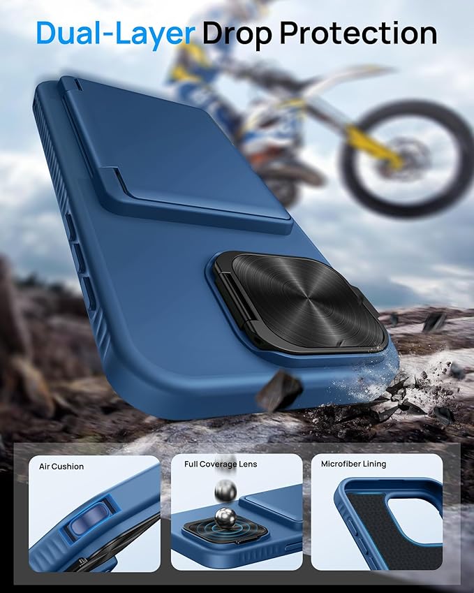 for iPhone 16 Pro Case with Card Holder & Kickstand, Built-in Camera Lens Cover, Shockproof Rugged Silicone Raised Edge Protective Stand Wallet Phone Case for 16 Pro 6.3", Blue
