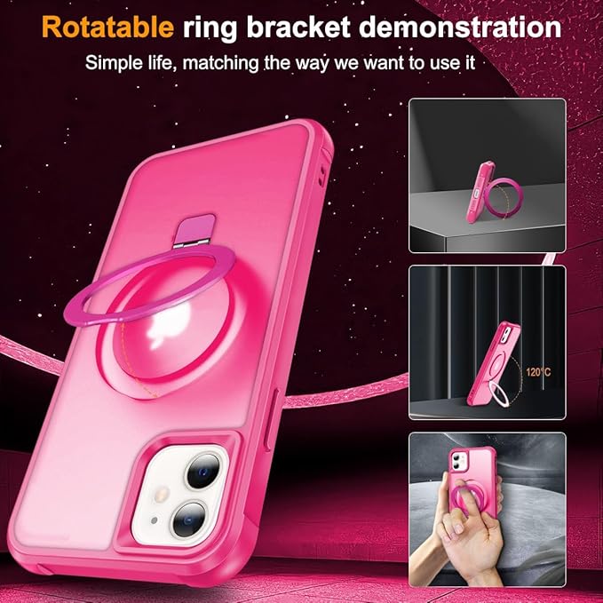 Magnetic Compatible with iPhone 11 Case with Stand [Military Grade Drop Tested][Compatible with Magnet] Ring Translucent Slim Hard Back Soft Edge, Rose Red