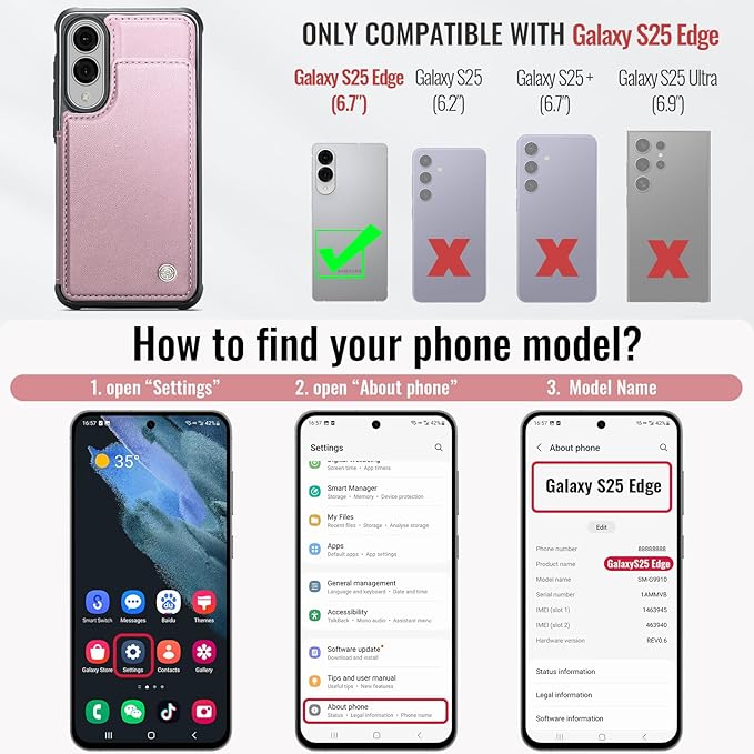 Vinich for Samsung Galaxy S25 Edge Wallet Case with Card Holder, RFID Blocking Credit Slots Kickstand Shockproof Phone Cover for Women Men, Pink