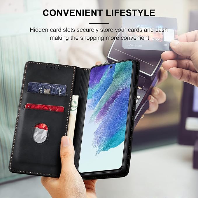 Jasonyu Flip Wallet Case for Samsung Galaxy S21 FE,Leather Magnetic Folio Cover with Card Holder,Kickstand - TPU Shockproof Durable Protective Phone Case,Black