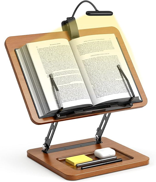 Book Stand for Reading with Light, Book Holders for Reading Hands Free, Adjustable Height & Angle, Fits Cookbook Recipe, Textbook, Kindle,Foldable for Kitchen, Office, School,Gift for Book Lovers
