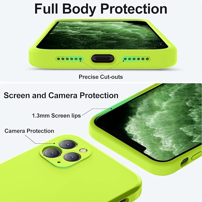 Vooii Compatible with iPhone 11 Pro Case, Upgraded Liquid Silicone with [Flat Edges][Camera Protection][Soft Anti-Scratch Microfiber Lining] Phone Case for iPhone 11 Pro 5.8 inch - Fluorescent Green