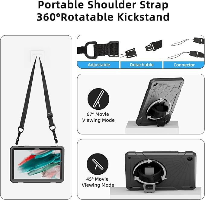 Case for Samsung Galaxy Tab A9 8.7 Inch 2023, 360° Rotating Stand, Hand Strap&Shoulder Strap Case for Samsung A9 Tablet(SM-X110/X115/X117) (Grey)