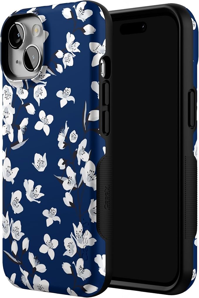 Casely iPhone 14 Case | Floral Forest | Navy Cherry Blossom Floral | Compatible with MagSafe | Bold Protective Design