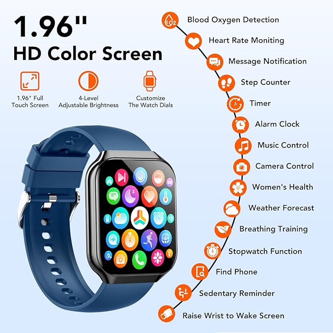 Smart Watch, 1.96" TFT-LCD Smartwatch for Men Women IP68 Waterproof, 110+Sport Modes, Fitness Activity Tracker, Heart Rate Monitor Sleep Step Counter for Android iPhone, Midnight Blue
