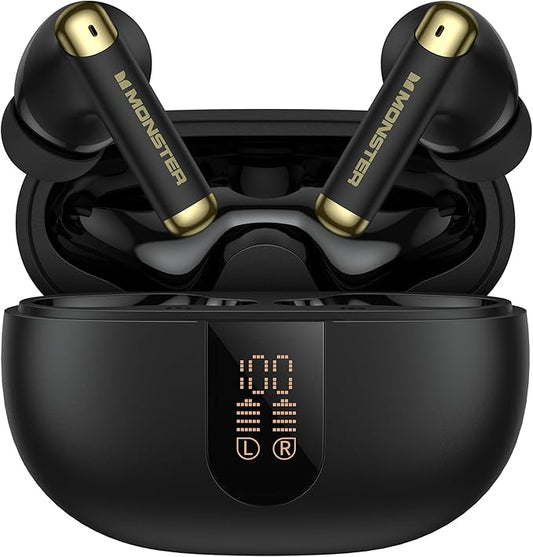 Monster N-Lite 211 Wireless Earbuds， Bluetooth 6.0 Stereo Headphones with Noise-Cancelling Mic and LED Display, Built-in Mic for Clear Calls, Waterproof Design for Sports